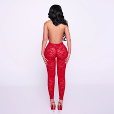 SC Lace Hollow Out Ruched Backless Jumpsuit MXBF-J26JP039