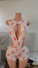 SC Print Hollow Out Tie Up Bodysuit+Short 2 Piece Set GYXF-24959