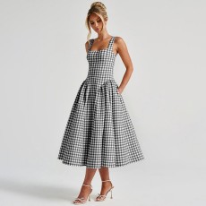 SC Plaid Print Square Neck Sling Midi Dress GPBY-SH8251