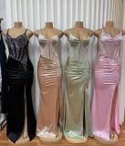 SC Deep V Neck Sling Ruched Split Maxi Dress GADE-11233