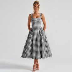 SC Plaid Print Square Neck Sling Midi Dress GPBY-SH8251