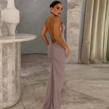 SC Solid Color Halterneck Ruched Backless Maxi Dress LJSF-D6321249X