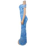 SC Sleeveless Mesh Print Slash Shoulder Maxi Dress BY-7670