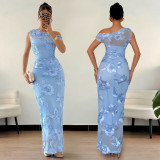 SC Sleeveless Mesh Print Slash Shoulder Maxi Dress BY-7670