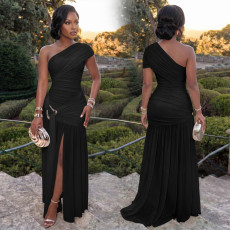 SC Solid Color Slash Shoulder Split Maxi Dress BY-7662