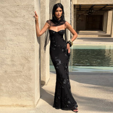 SC Sexy Sling Backless Mesh Maxi Dress BY-7672