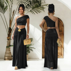 SC Slash Shoulder Tops Ruhced Two Piece Skirts Set BY-7675