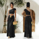 SC Slash Shoulder Tops Ruhced Two Piece Skirts Set BY-7675