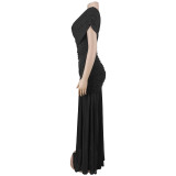 SC Solid Color Slash Shoulder Split Maxi Dress BY-7662