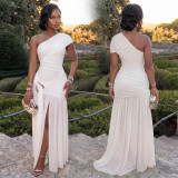 SC Solid Color Slash Shoulder Split Maxi Dress BY-7662