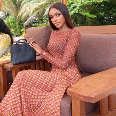 SC Print Long Sleeve Ruched Maxi Dress GJYO-JD305071
