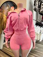 SC Zip-Up Hooded Fleece Top And Shorts Sports Two-Piece Set CH-26081