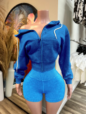 SC Zip-Up Hooded Fleece Top And Shorts Sports Two-Piece Set CH-26081