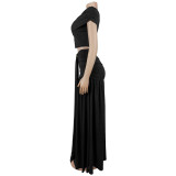 SC Slash Shoulder Tops Ruhced Two Piece Skirts Set BY-7675
