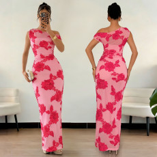 SC Sleeveless Mesh Print Slash Shoulder Maxi Dress BY-7670