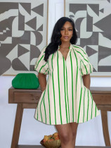 SC Plus Size V Neck Puff Sleeve Stripe Loose Mini Dress SFY-840