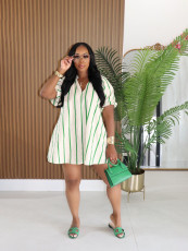SC Plus Size V Neck Puff Sleeve Stripe Loose Mini Dress SFY-840