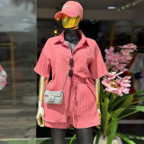 SC Solid Color Lapel Shirt Tie Up Loose Short Suit GCNE-9631