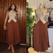 SC Sleeveless Vest Print Press Pleated Long Skirt Suit GCNE-73852
