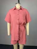 SC Solid Color Lapel Shirt Tie Up Loose Short Suit GCNE-9631