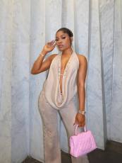 SC Halterneck Backless Tops Wide Leg Pants Suit GCNE-73530