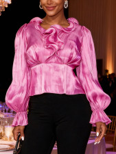 SC Plus Size Solid Color Ruched Flare Sleeve Shirt GKEN-ATP051243