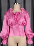 SC Plus Size Solid Color Ruched Flare Sleeve Shirt GKEN-ATP051243