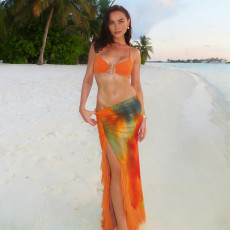 SC Print Halterneck Tube Top Split Ruffles Long Skirt 2 Piece Set XEF-K6S04214A