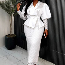 SC Plus Size Lace Patchwork Mesh Puff Sleeve Long Dress GKEN-ADR060241