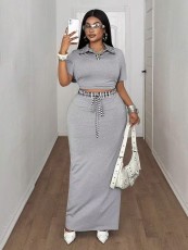 SC Short Sleeve Lapel Top Long Skirt 2 Piece Set GADE-11085