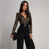 SC Long Sleeve V Neck Sequin Jumpsuit CYA-902224