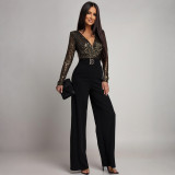 SC Long Sleeve V Neck Sequin Jumpsuit CYA-902224