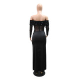 SC Off Shoulder Long Sleeve Bead Split Maxi Dress CYA-902280
