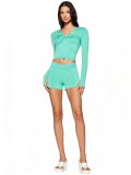 SC Letter Print Long Sleeve Hooded Two Piece Shorts Set GXZY-XY26011