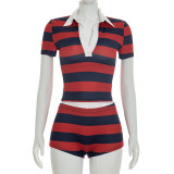 SC Casual Stripe Color Block Two Piece Shorts Set GSZM-C26ST081