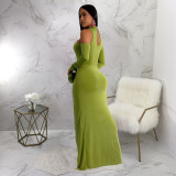 SC Solid Color Irregular Long Sleeve Bodysuit Long Skirt Suit YF-10802