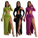 SC Solid Color Irregular Long Sleeve Bodysuit Long Skirt Suit YF-10802