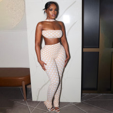 SC Polka Dots Print Wrap Chest Top Pants 2 Piece Set SHD-9969