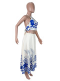 SC Print Halterneck Backless Long Skirt 2 Piece Set SHD-9967
