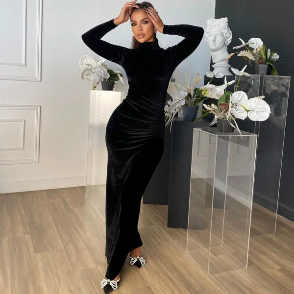 SC Velour Ruched Long Sleeve Maxi Dress GYEF-GA143-001