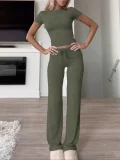 SC Solid Color Short Sleeve Sports Two Piece Pants Set GYWO-55007