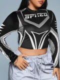 SC Letter Print Long Sleeve Zipper Tops GYEF-GA380-001