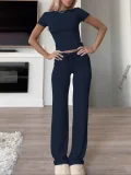 SC Solid Color Short Sleeve Sports Two Piece Pants Set GYWO-55007