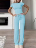 SC Solid Color Short Sleeve Sports Two Piece Pants Set GYWO-55007
