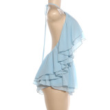 SC Solid Color Halterneck Backless Vest Shorts 2 Piece Set GZJQ-K6S03135A