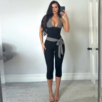 SC V Neck Patchwork Halterneck Tie Up Seventh Jumpsuit GZJQ-K6Q05199A