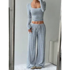 SC Stripe Square Neck Tops Wide Leg Pants 2 Piece Set GYWO-55053