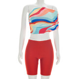 SC Single Shoulder Colorful Print Two Piece Shorts Set MXBF-J26ST125