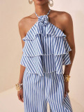 SC Halterneck Stripe Print Backless Jumpsuit NY-11282