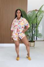 SC Print Short Sleeve Shirt Shorts 2 Piece Set TE-4751